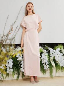 MOTF PREMIUM WOVEN WOMEN'S SOLID PLEATED BATWING SLEEVE DRESS WEDDING GUEST DRESS WOMEN - Pink - View 7
