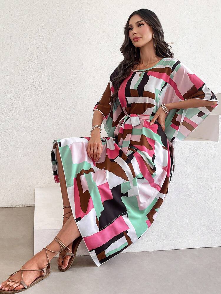 Geometric Print Batwing Sleeve Turkish Tunic Kaftan Jalabiya Dress