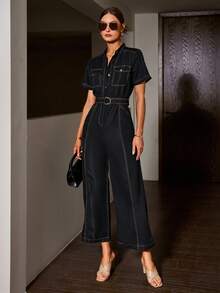 Sollinarry Women's Old Money Style Urban Casual Contrast Color Wide Leg Jumpsuit, Spring And Summer Style - Black - View 3