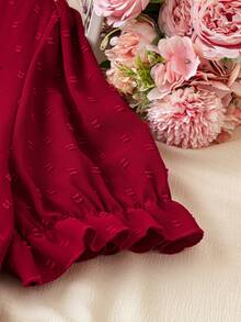 EMERY ROSE 大尺碼交叉領口、泡泡袖、打結下擺上衣 - 紅色 - 查看 4