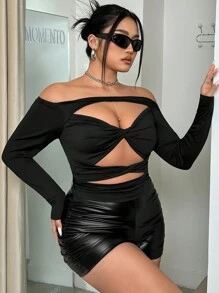 SHEIN ICON Plus Size Off Vai Knot & Chi tiết khoét rỗng Áo lò xo màu đen - màu đen - Xem 3