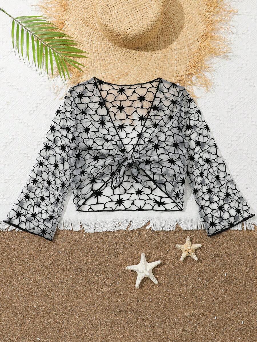 Tween Girls' Star Print Mesh Kimono With Long Sleeves