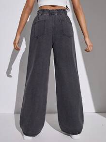 Cô Gái Tuổi Teen Dây Rút Cao Cấp Nghiêng Túi Dáng Rộng Mùa Hè Quần Jean Ống Rộng Quần Denim Màu Xám Giặt Quần Jean Baggy - màu đen - Xem 2