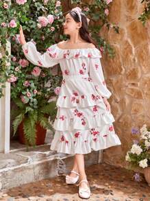SHEIN Tween Girl Off Shoulder Ruffle Crop Top With Floral Print And Tiered Flowy Skirt With Floral Print Set