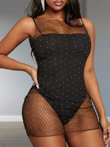Slaydiva Valentine's Day Sleeveless Rhinestone Decor Mesh See Through Bodycon Mini Dress For Women, Black - Black - View 4