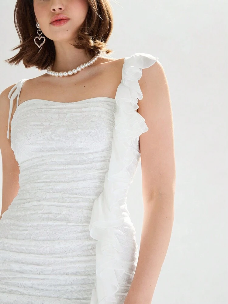 レディース レース ワンピース ミニドレス ギャザー ショルダー ラッフル ヘム