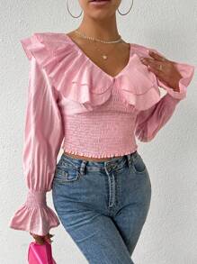 Chiquease 女款純色荷葉邊領抽褶襯衫