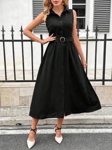 SHEIN Clasi 女士無袖單排釦襯衫裙 - 黑色 - 查看 2