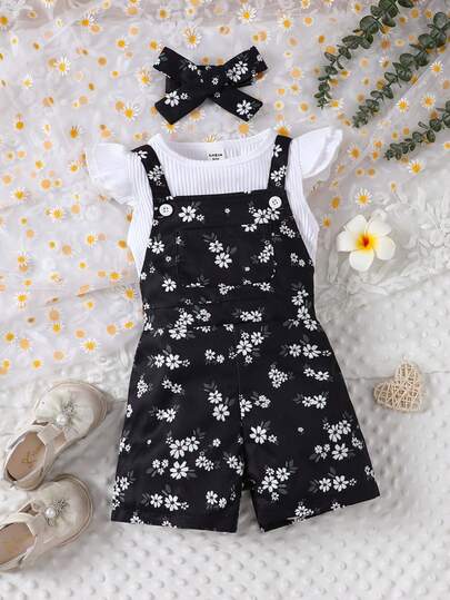 Baby Girl Cap Sleeve T-Shirt And Floral Printed Overall Shorts Set