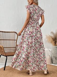 SHEIN LUNE 女士花卉印花盖袖连衣裙 - 酒紅色 - 查看 2