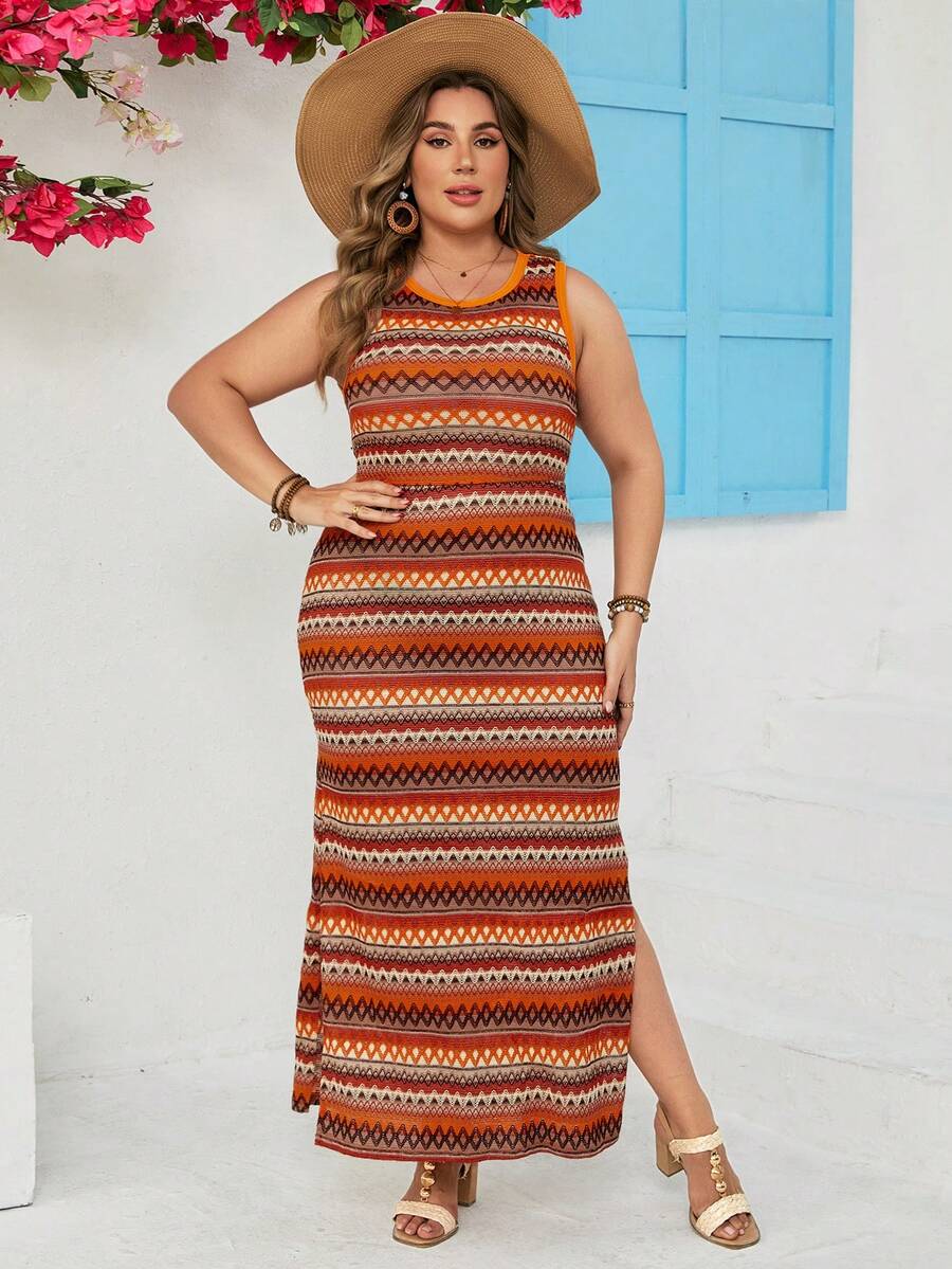 SHEIN VCAY 大尺碼女士假日針織幾何提花背心連衣裙 - 彩色 - 查看 1