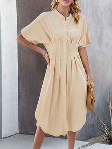 SHEIN Clasi Của phụ nữ Màu thuần tay cánh Xếp li Đầm - Màu be - Xem 3