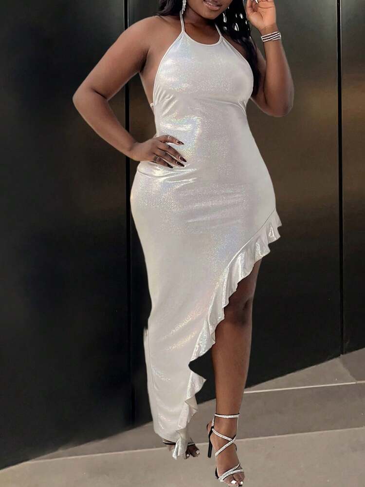 Slit Hem Ruffle Trim Patchwork Dress