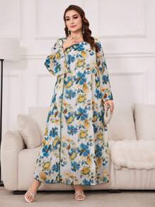 Al Najma 帶有花卉印花和鐘形袖的大碼阿拉伯服裝 - 彩色 - 查看 6