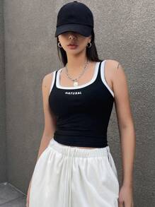 DAZY Letter Print Colorblock Trim U Neck Slim Fit Cropped Tank Top For Women - Black and White - View 3
