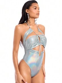 SHEIN BAE 銀色金屬包覆十字綁帶性感露背連身衣 - 銀色 - 查看 5