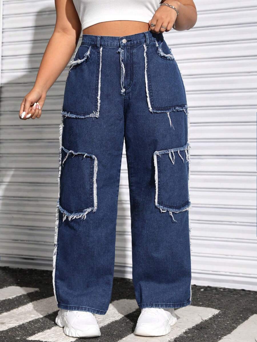 SHEIN EZwear Kích thước lớn Của phụ nữ Denim Quần Cargo - Rửa trung bình - Xem 1