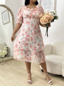 Flirla Rochie dublu strat la modă pentru femei de mărime plus, cu decolteu din dantelă, imprimeu floral și mâneci bufante - Multicolor - Vizualizare 4