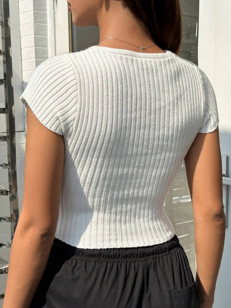 Women's Solid Color Round Neck Slim Fit Rib Knit Top