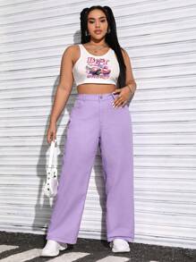 SHEIN EZwear 大尺碼休閒純色百搭牛仔褲 - 紫色 - 查看 4