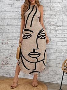 SHEIN LUNE Vestido sin mangas con estampado abstracto para mujer, informal - Caqui - Ver 3