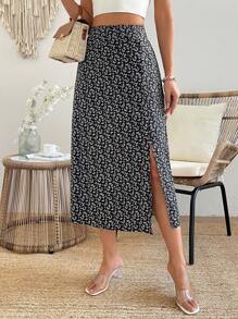 SHEIN VCAY Váy xẻ cao in họa tiết toàn thân cho nữ - màu đen - Xem 1