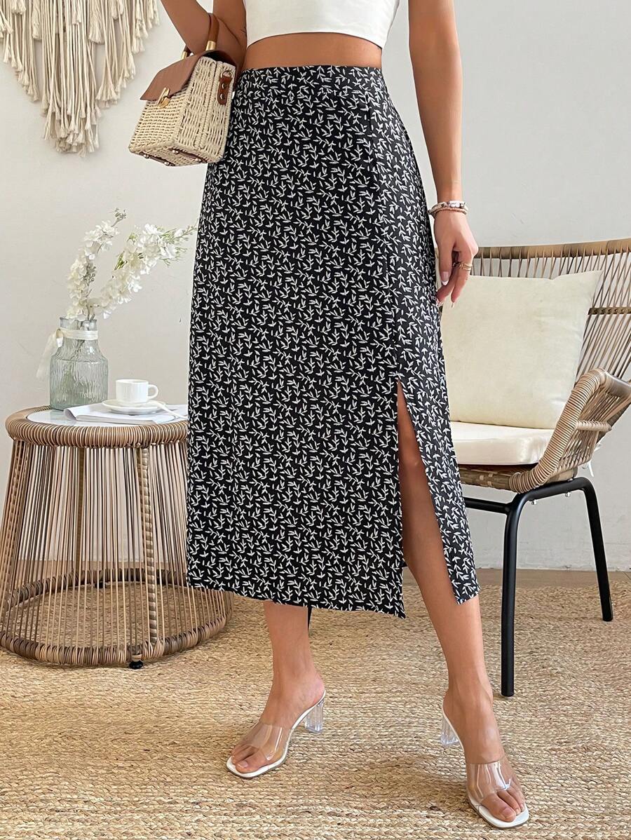 SHEIN VCAY Váy xẻ cao in họa tiết toàn thân cho nữ - màu đen - Xem 1