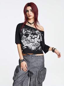 ROMWE Grunge Punk 骷髏頭圖案一字肩T恤 - 黑色 - 查看 3