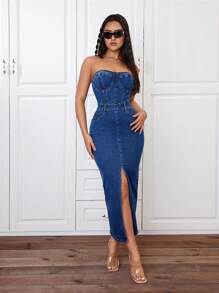 SHEIN ICON 高側面開衩無肩帶修身牛仔裙 - 中等水洗藍 - 查看 3