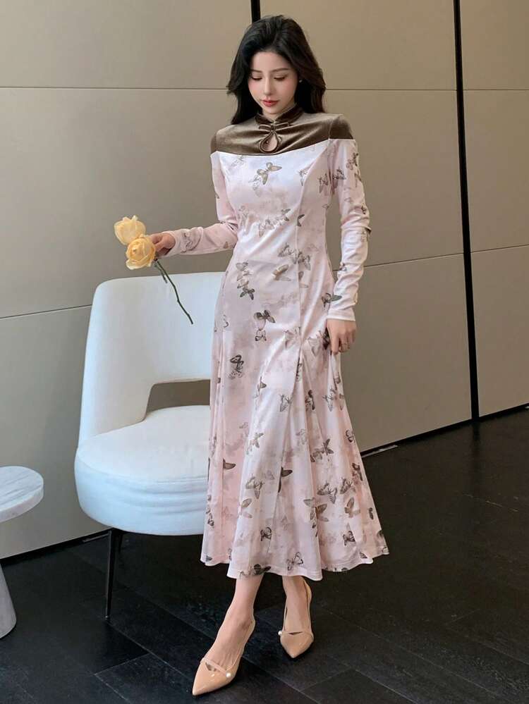 Butterfly Print Color Blocking Long Sleeve Dress, Fall Dress