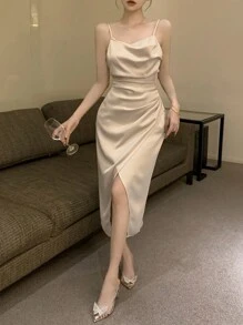 DAZY Women's Pleated Split Hem Cami Dress Prom Dress Sundress,Formal Women Dresses - Champagne - View 3