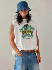 DAZY Men Coconut Tree & Letter Print Summer Tank Top - White - View 5