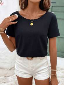 SHEIN Frenchy 100% Cotton Women's Summer Backless Shell Edge Blouse,Linen&Cotton Tops Black Casual - Black - View 5