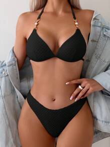 Swim Lushoire Summer Beach Women's Solid Color Simple Bikini Set - Black - View 2
