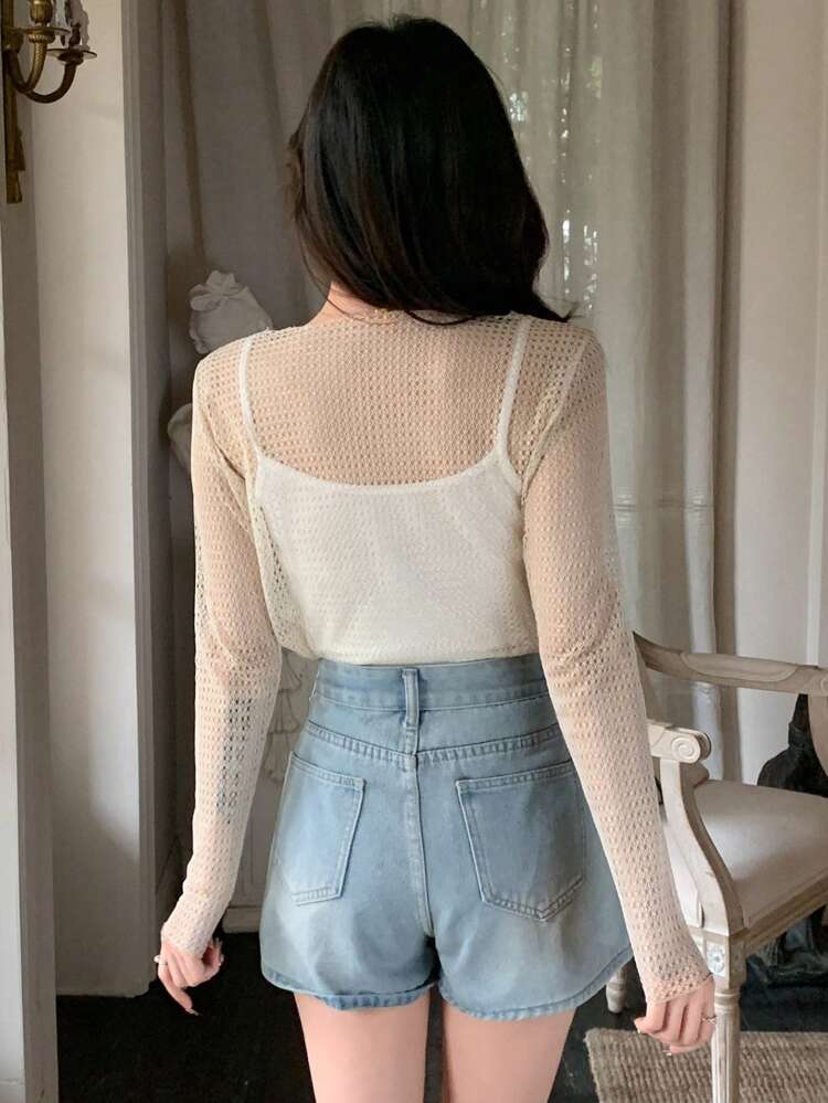 Women's Sheer Mesh Texture See-Through Long Sleeve Blouse,Fall Clothes