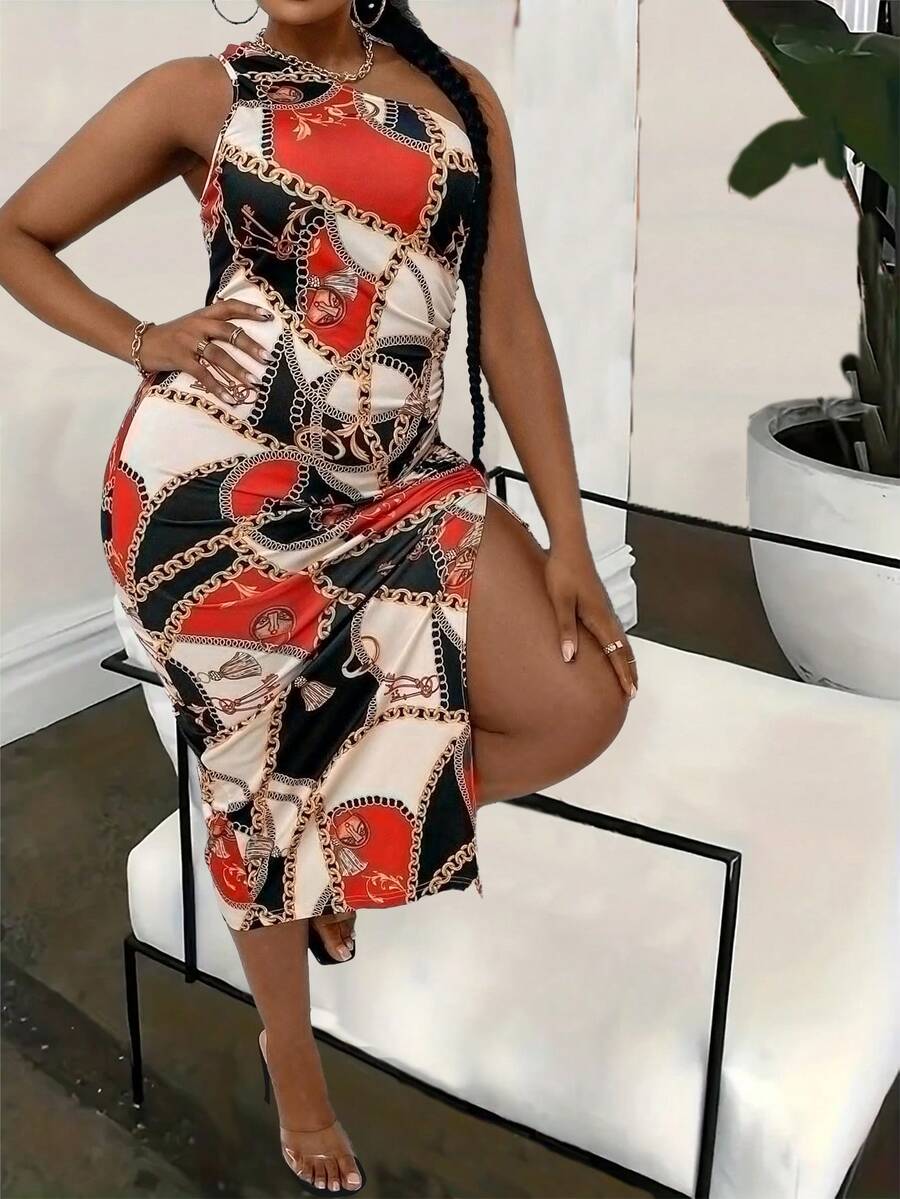 Maweii Kích thước lớn In Dây chuyền Vá lại Xếp li Cái nĩa cao Đầm - Nhiều màu - Xem 1