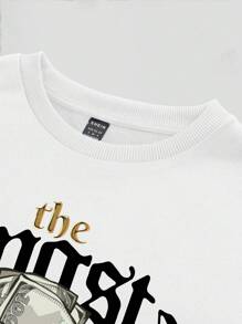 SHEIN EZwear 大码 2 件休闲美元符号和“Power Monkey”印花宽松运动衫和短裤套装，女式，适合秋冬季 - 白色 - 查看 3