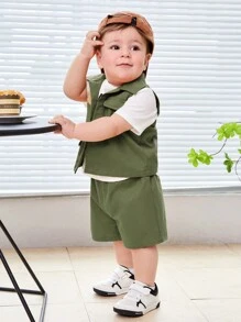 SHEIN Baby Boy's Short Sleeve Bear Print T-Shirt, Vest Outerwear, And Shorts 3pcs/Set - Green - View 4