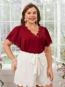 SHEIN Clasi 大尺碼女蕾絲拼接泡泡袖襯衫 - 紅色 - 查看 5