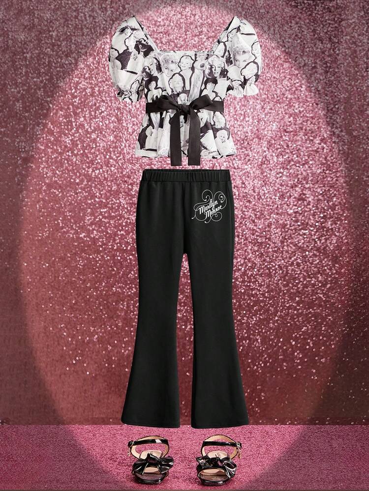 Tween Girl Figure Print Ruffle Hem Blouse & Letter Graphic Flare Leg Pants
