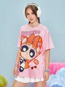 The Powerpuff Girls | ROMWE Loose Fit Cartoon Print Oversized T-Shirt - Pink - View 2