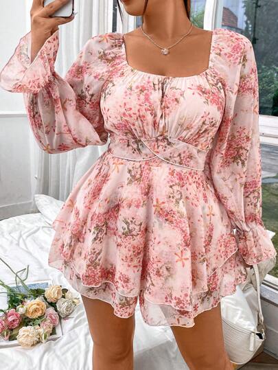 Flirla Plus Size Full Printed Square Neck Ruffle Sleeve Romper Fall Cloth For Women