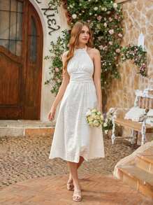 GENKIRA Embroidered Halterneck Tie Waist Dress For Women - White - View 4