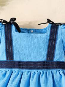 Baby Van een meisje Vintage stijl Korte mouwen Blauw Jurken Met Strik Taille Voor Zomer