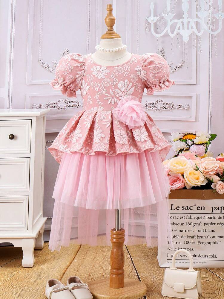 Young Girls' Floral Printed Round Neck Puff Sleeve Top And Mesh Splice A-Line Skirt Two Pieces Set