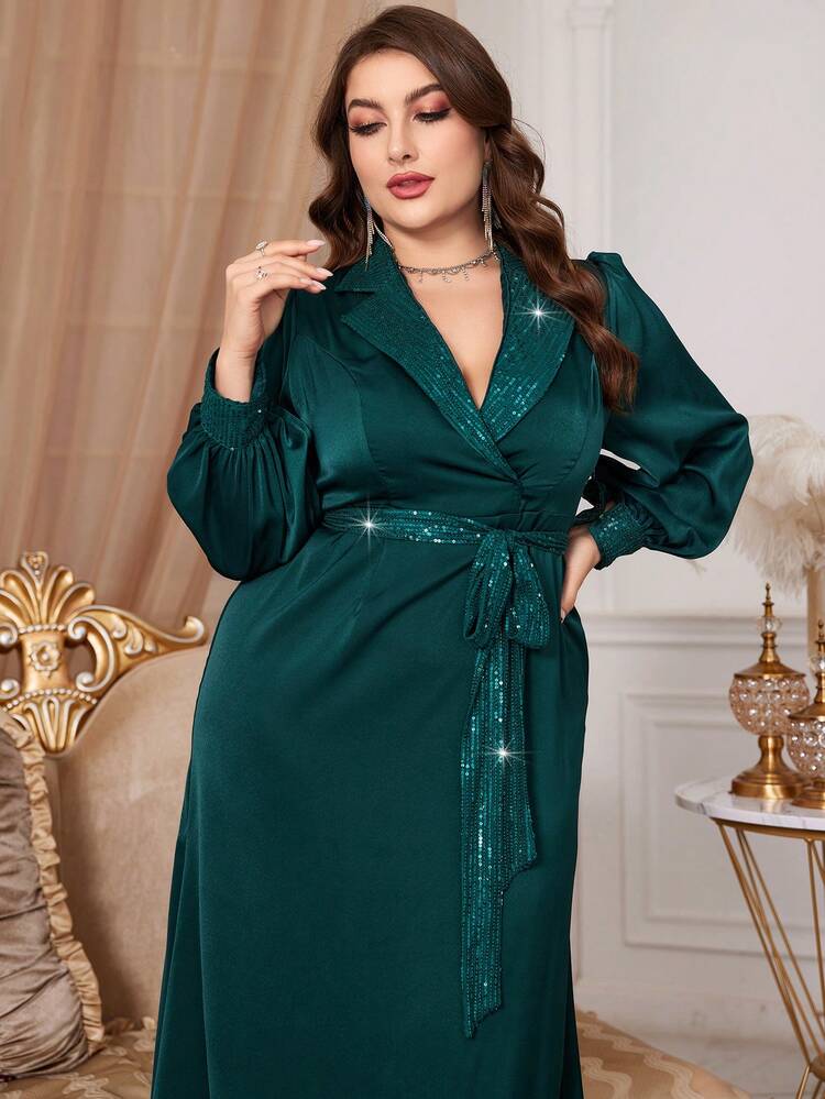 Plus Size Turn-Down Collar Belted Sequin Detail Dress Fall Cloth For Women