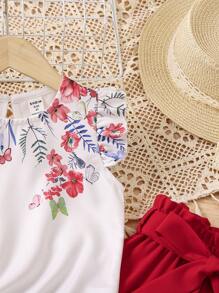 SHEIN Conjunto de 2 piezas con blusa de cuello redondo y estampado floral, y pantalones con cintura paper bag para niñas jóvenes - Multicolor - Ver 6