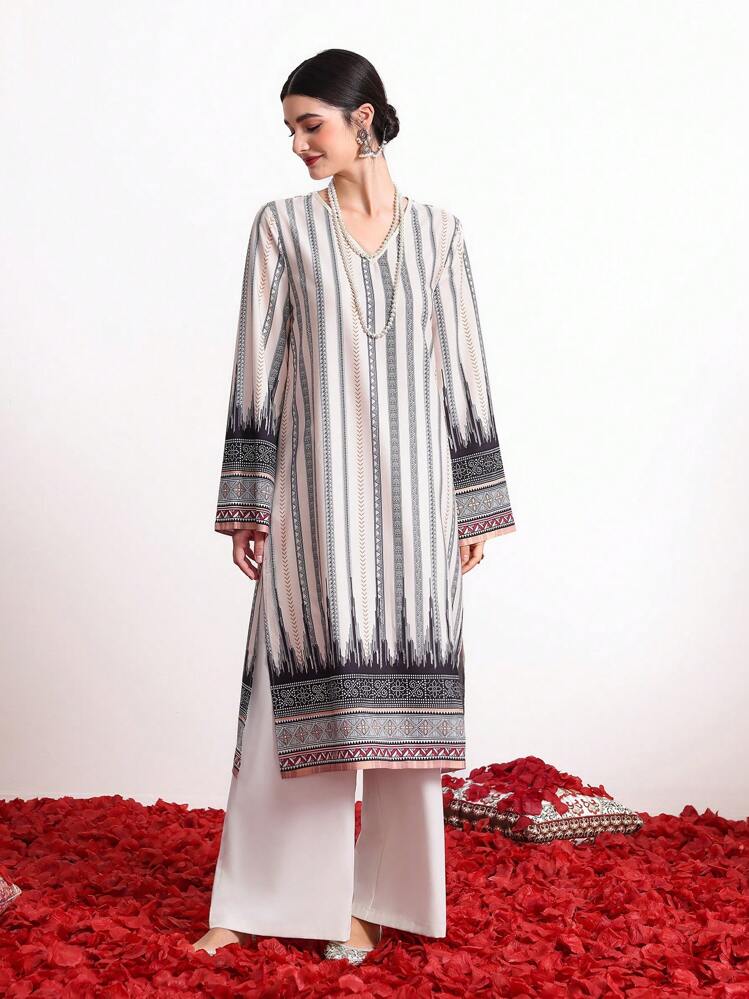 Divindia 几何印花宽松休闲长袖库尔塔 - 杏色 - 查看 4