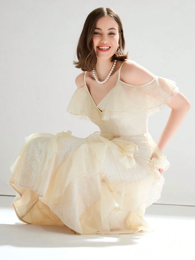 Women's Cold-Shoulder Ruffle Edge Cream Lace Dress