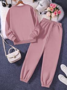 Bộ 2 áo nỉ cổ tròn và quần nỉ trơn màu dành cho nữ - Bụi hồng - Xem 2